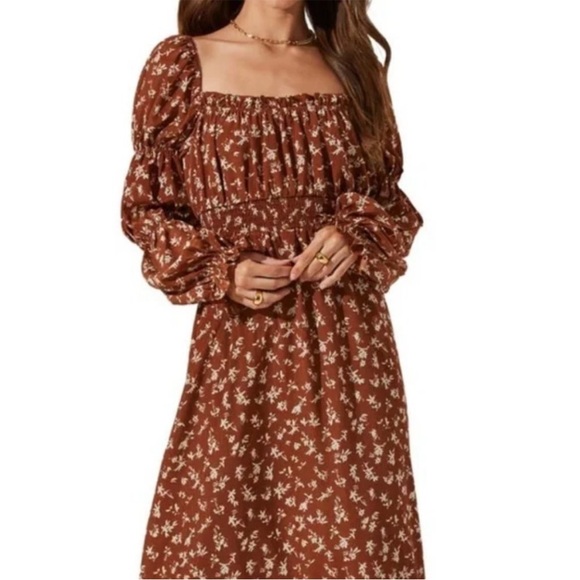 ASTR the Label Caramel Floral Cinched Midi Peasant Dress XS - Picture 2 of 12